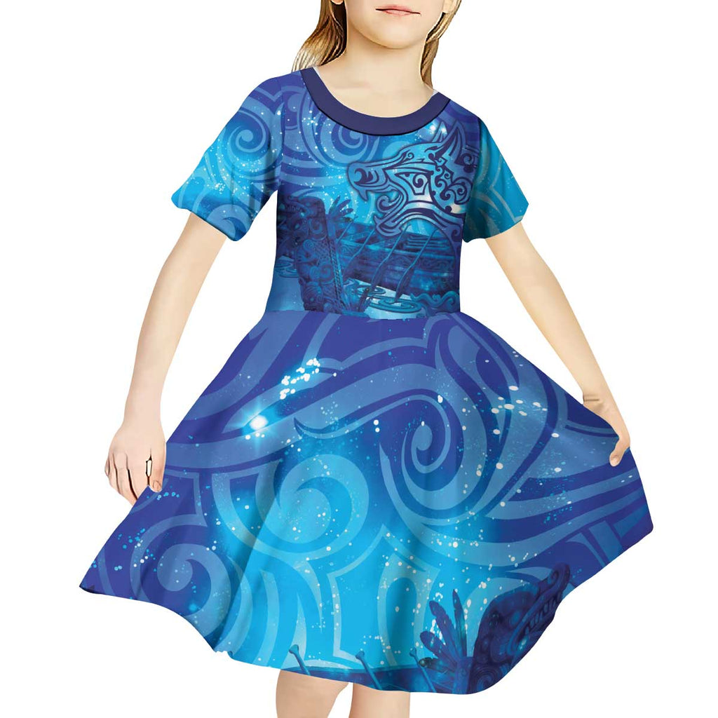 Kuri New Zealand Matariki Kid Short Sleeve Dress Aotearoa Dog Waka Maori New Year Galaxy Vibes