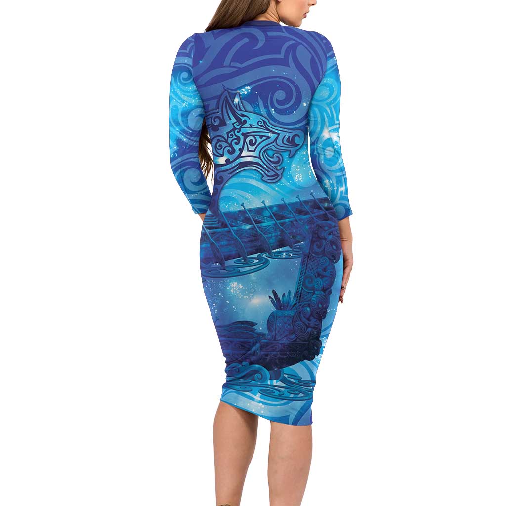 Kuri New Zealand Matariki Long Sleeve Bodycon Dress Aotearoa Dog Waka Maori New Year Galaxy Vibes
