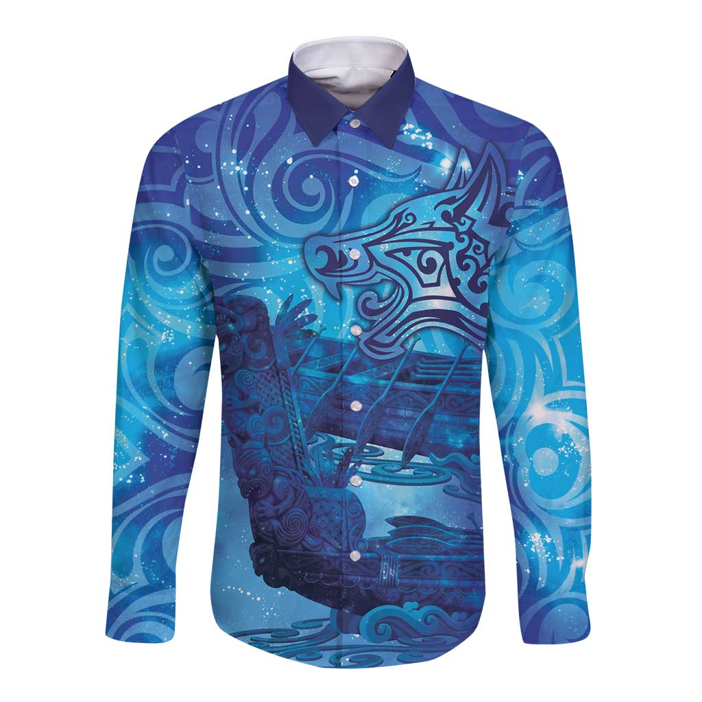 Kuri New Zealand Matariki Long Sleeve Button Shirt Aotearoa Dog Waka Maori New Year Galaxy Vibes
