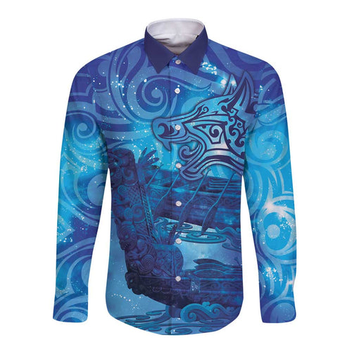 Kuri New Zealand Matariki Long Sleeve Button Shirt Aotearoa Dog Waka Maori New Year Galaxy Vibes