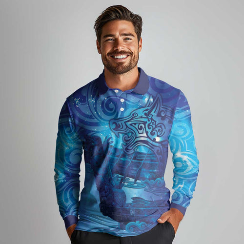 Kuri New Zealand Matariki Long Sleeve Polo Shirt Aotearoa Dog Waka Maori New Year Galaxy Vibes