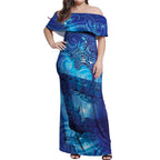 Kuri New Zealand Matariki Off Shoulder Maxi Dress Aotearoa Dog Waka Maori New Year Galaxy Vibes