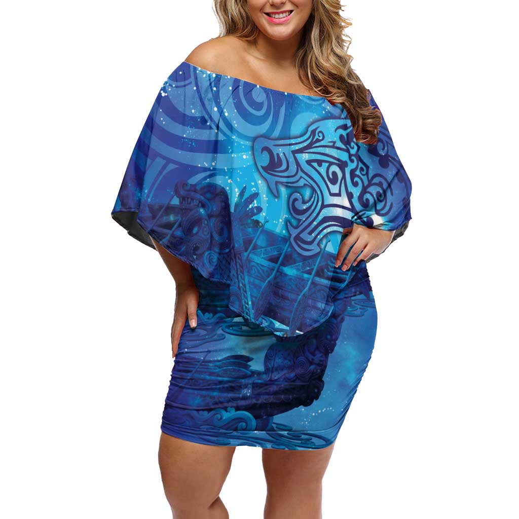 Kuri New Zealand Matariki Off Shoulder Short Dress Aotearoa Dog Waka Maori New Year Galaxy Vibes