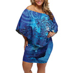 Kuri New Zealand Matariki Off Shoulder Short Dress Aotearoa Dog Waka Maori New Year Galaxy Vibes