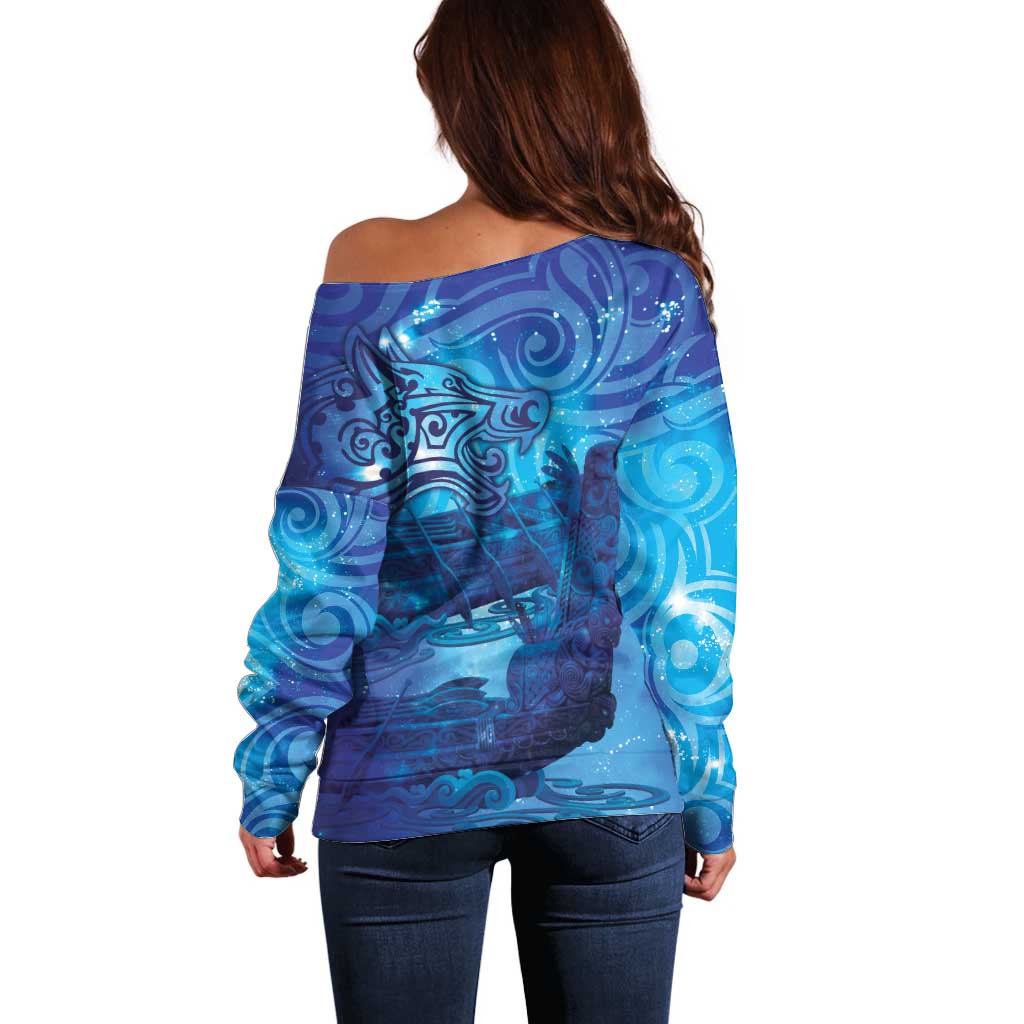 Kuri New Zealand Matariki Off Shoulder Sweater Aotearoa Dog Waka Maori New Year Galaxy Vibes