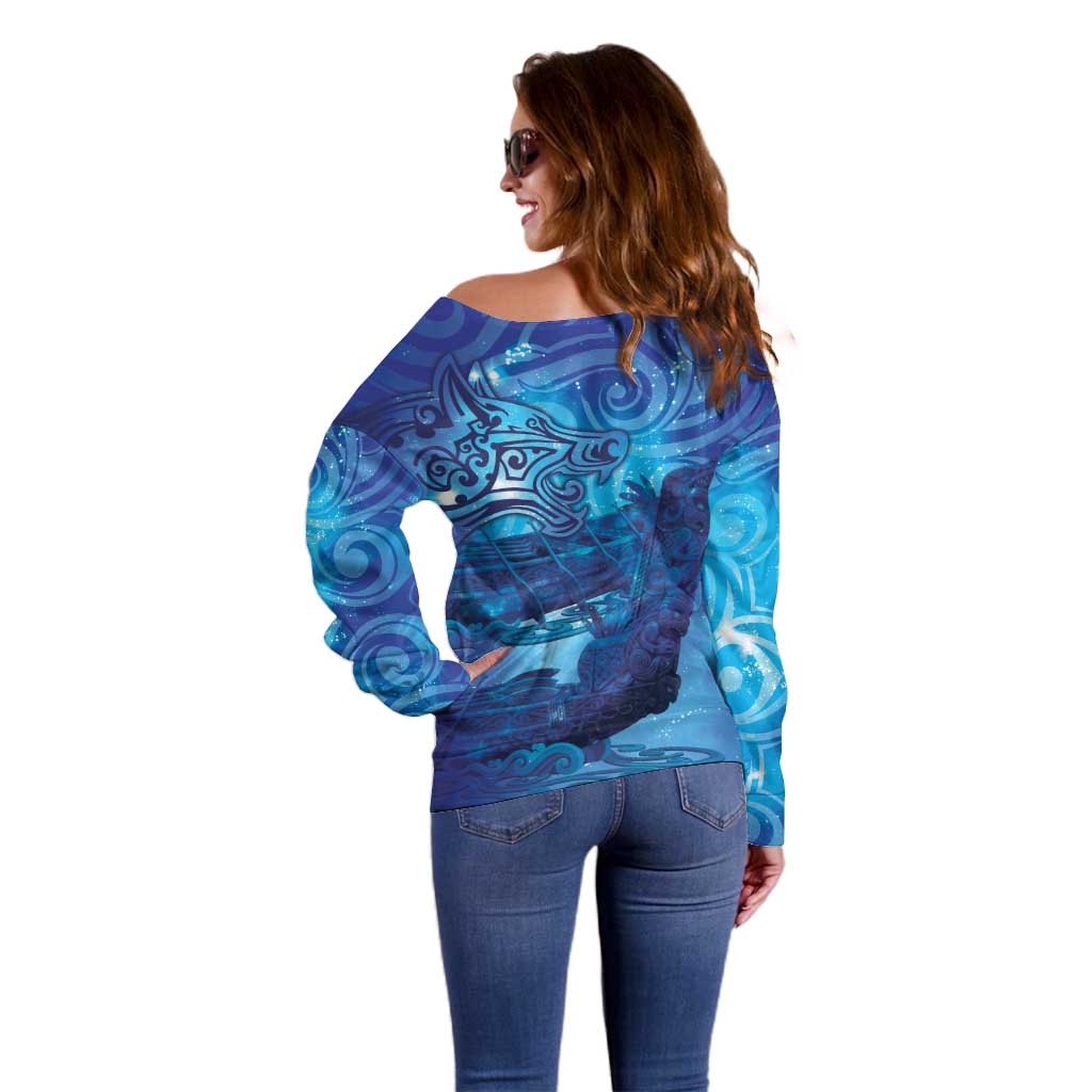 Kuri New Zealand Matariki Off Shoulder Sweater Aotearoa Dog Waka Maori New Year Galaxy Vibes