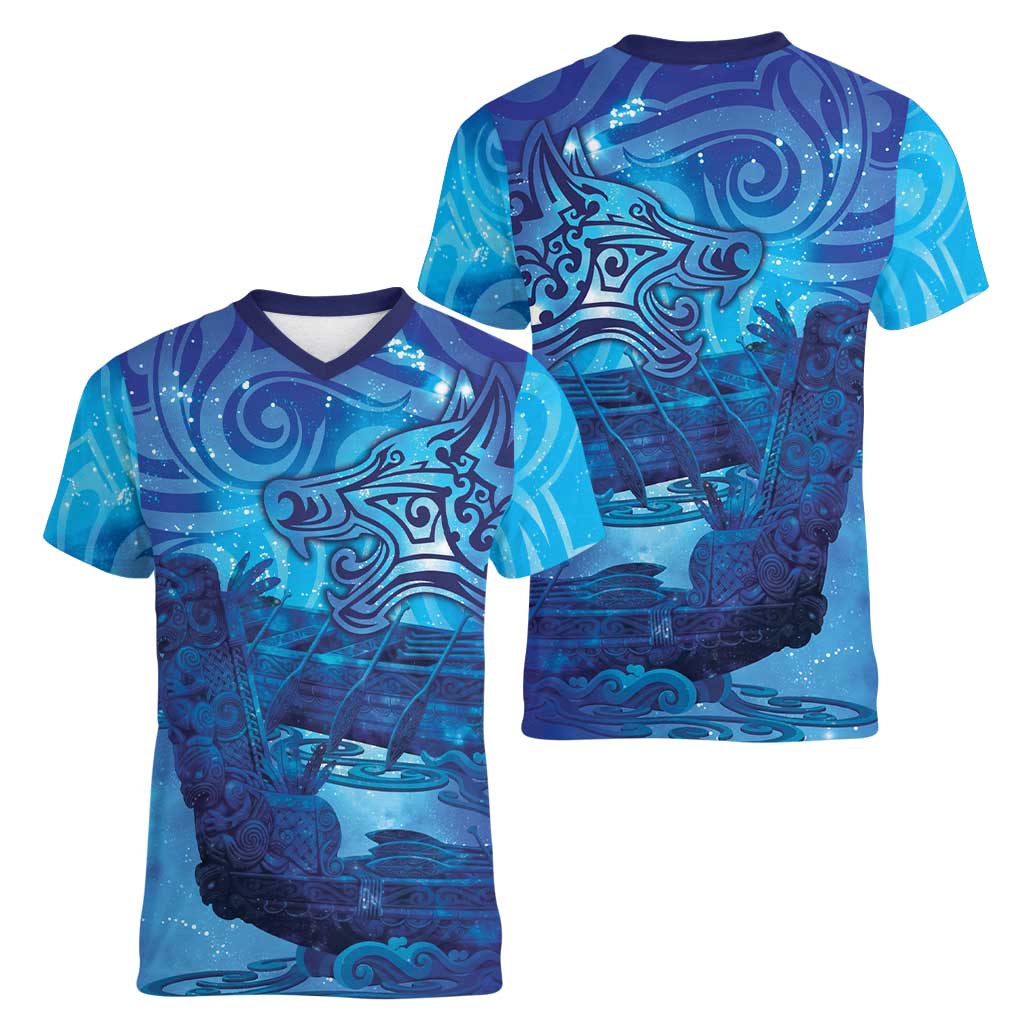 Kuri New Zealand Matariki Women V-Neck T-Shirt Aotearoa Dog Waka Maori New Year Galaxy Vibes