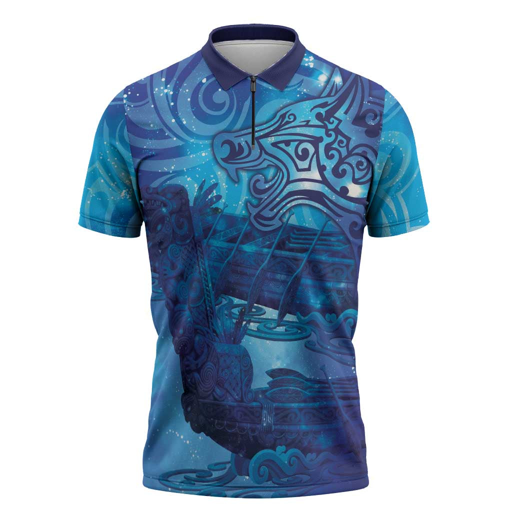 Kuri New Zealand Matariki Zipper Polo Shirt Aotearoa Dog Waka Maori New Year Galaxy Vibes