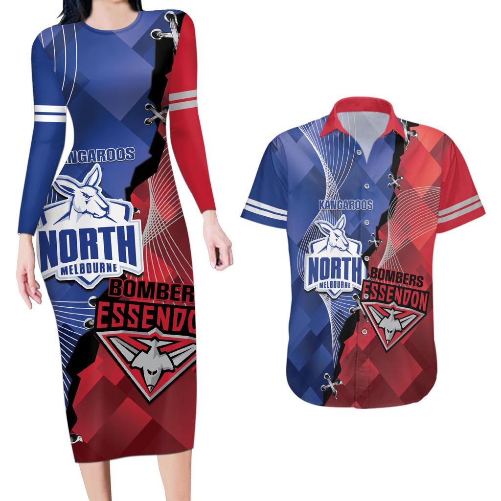 Personalised Kangaroos And Bombers Football Couples Matching Long Sleeve Bodycon Dress and Hawaiian Shirt Sporty Version