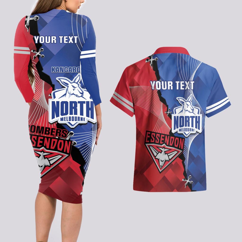 Personalised Kangaroos And Bombers Football Couples Matching Long Sleeve Bodycon Dress and Hawaiian Shirt Sporty Version