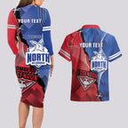 Personalised Kangaroos And Bombers Football Couples Matching Long Sleeve Bodycon Dress and Hawaiian Shirt Sporty Version