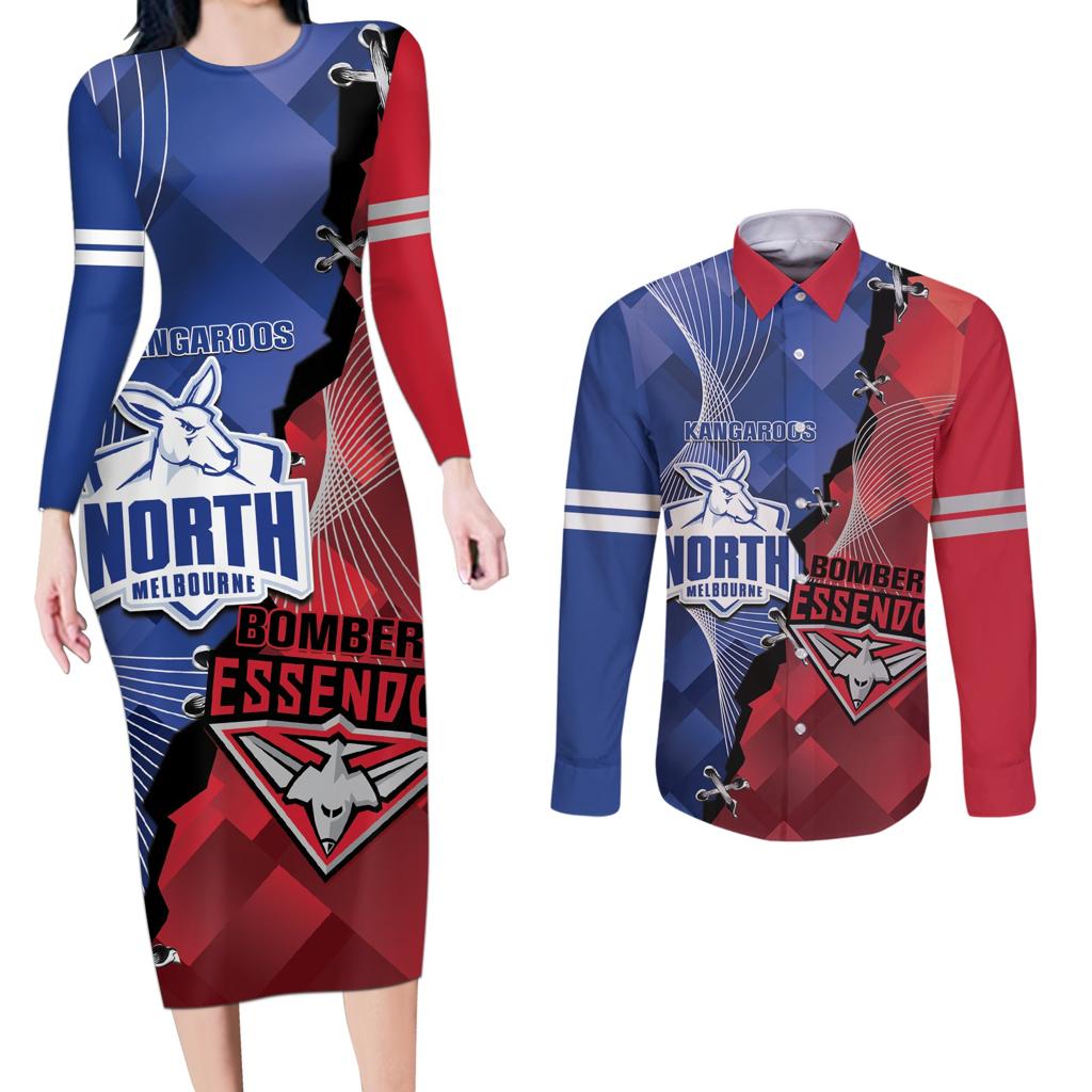 Personalised Kangaroos And Bombers Football Couples Matching Long Sleeve Bodycon Dress and Long Sleeve Button Shirt Sporty Version