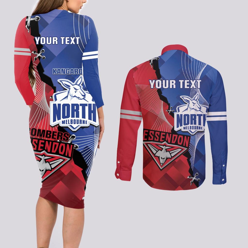 Personalised Kangaroos And Bombers Football Couples Matching Long Sleeve Bodycon Dress and Long Sleeve Button Shirt Sporty Version