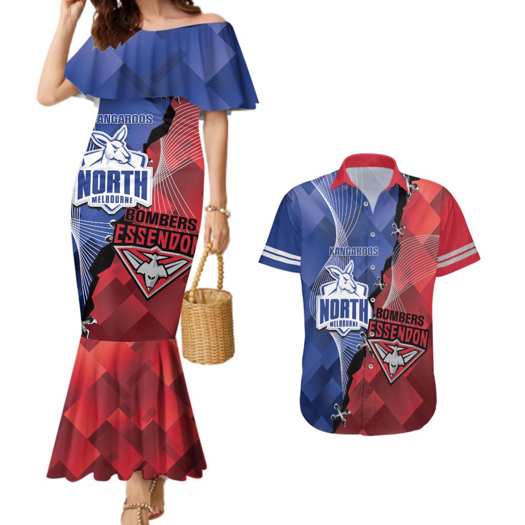 Personalised Kangaroos And Bombers Football Couples Matching Mermaid Dress and Hawaiian Shirt Sporty Version