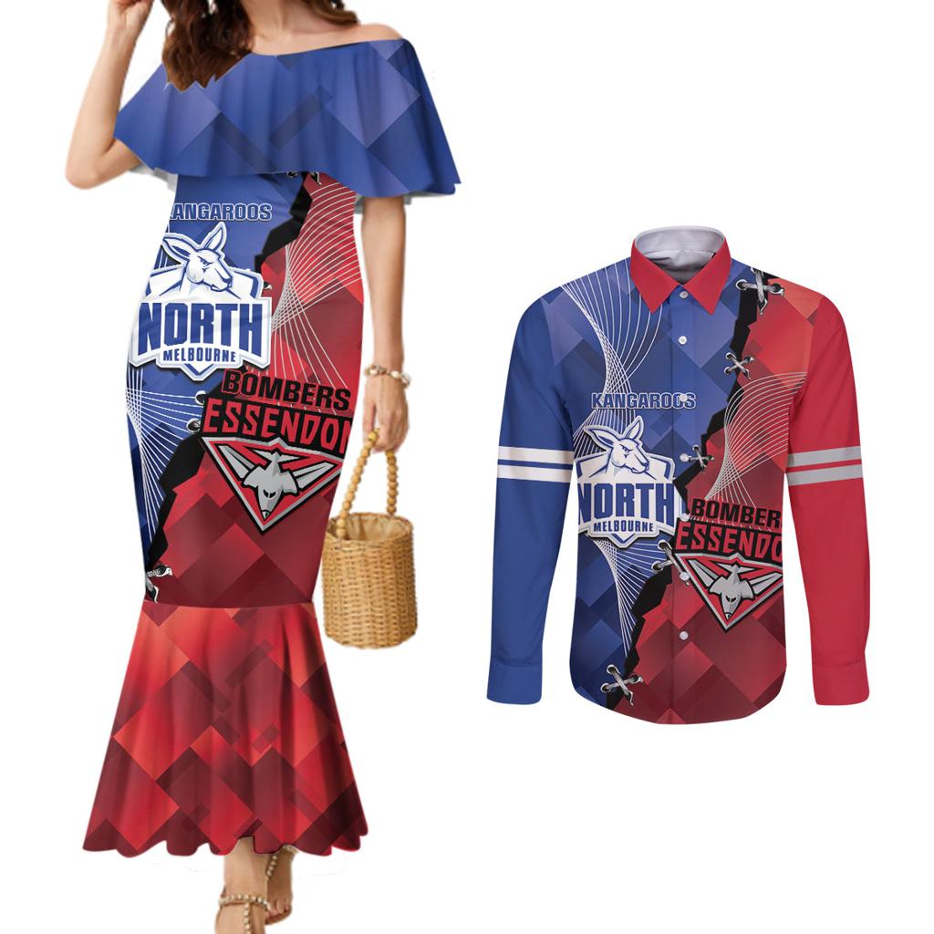 Personalised Kangaroos And Bombers Football Couples Matching Mermaid Dress and Long Sleeve Button Shirt Sporty Version