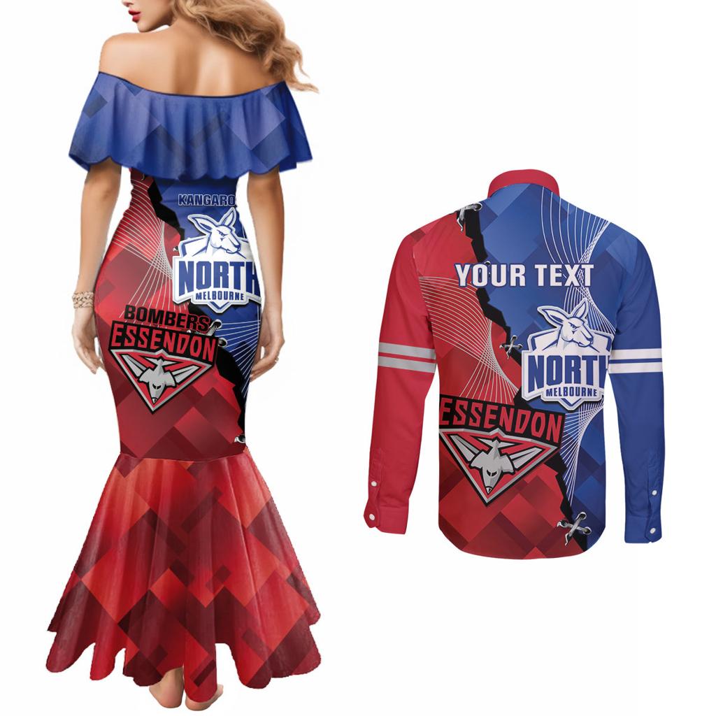 Personalised Kangaroos And Bombers Football Couples Matching Mermaid Dress and Long Sleeve Button Shirt Sporty Version