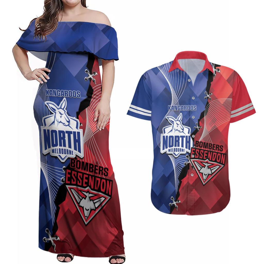 Personalised Kangaroos And Bombers Football Couples Matching Off Shoulder Maxi Dress and Hawaiian Shirt Sporty Version