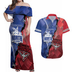 Personalised Kangaroos And Bombers Football Couples Matching Off Shoulder Maxi Dress and Hawaiian Shirt Sporty Version