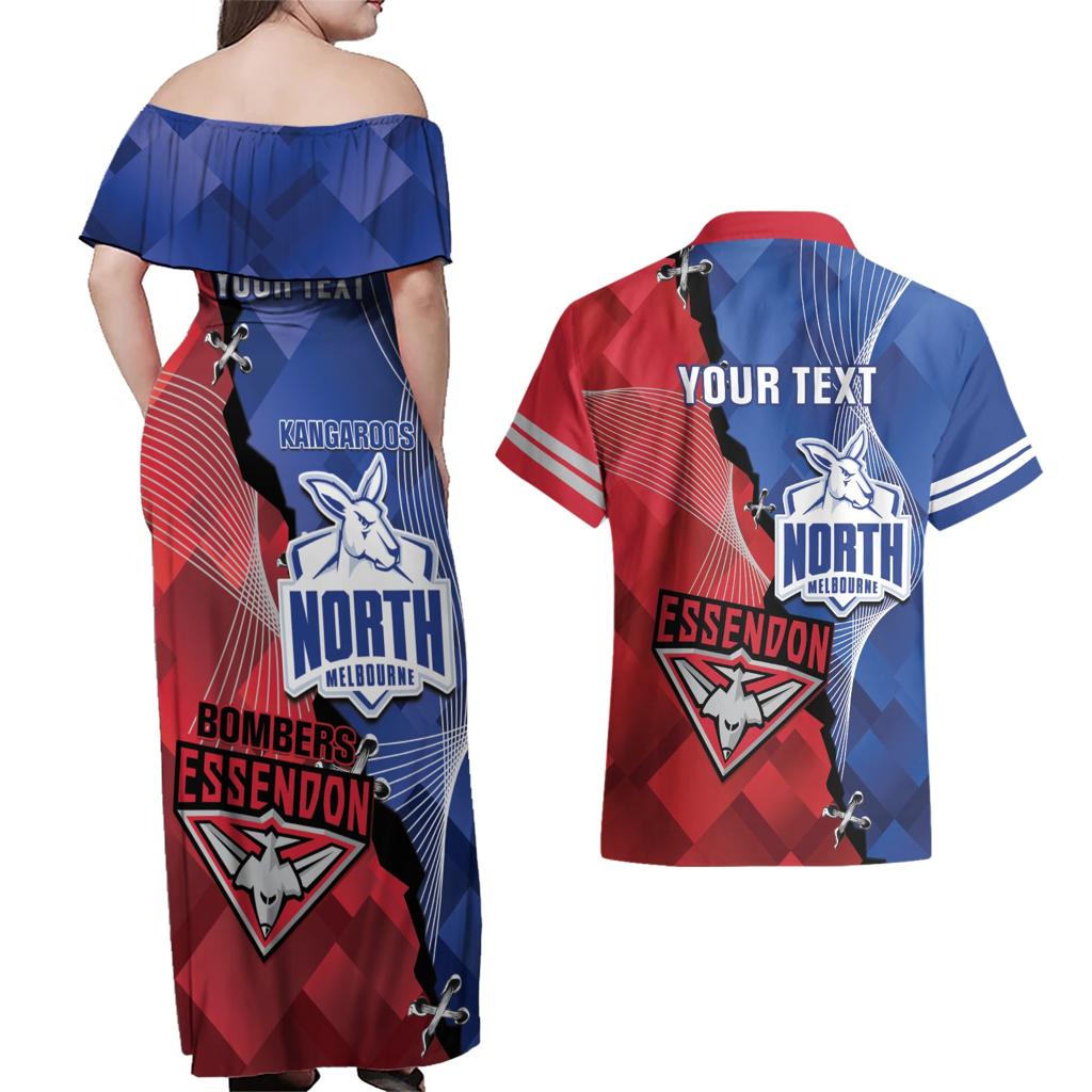 Personalised Kangaroos And Bombers Football Couples Matching Off Shoulder Maxi Dress and Hawaiian Shirt Sporty Version