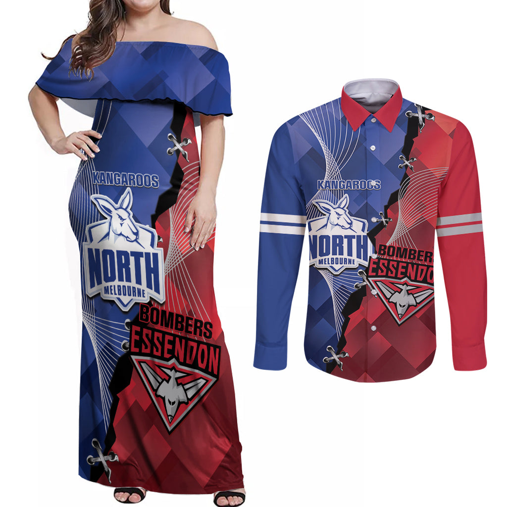 Personalised Kangaroos And Bombers Football Couples Matching Off Shoulder Maxi Dress and Long Sleeve Button Shirt Sporty Version
