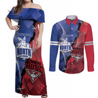 Personalised Kangaroos And Bombers Football Couples Matching Off Shoulder Maxi Dress and Long Sleeve Button Shirt Sporty Version