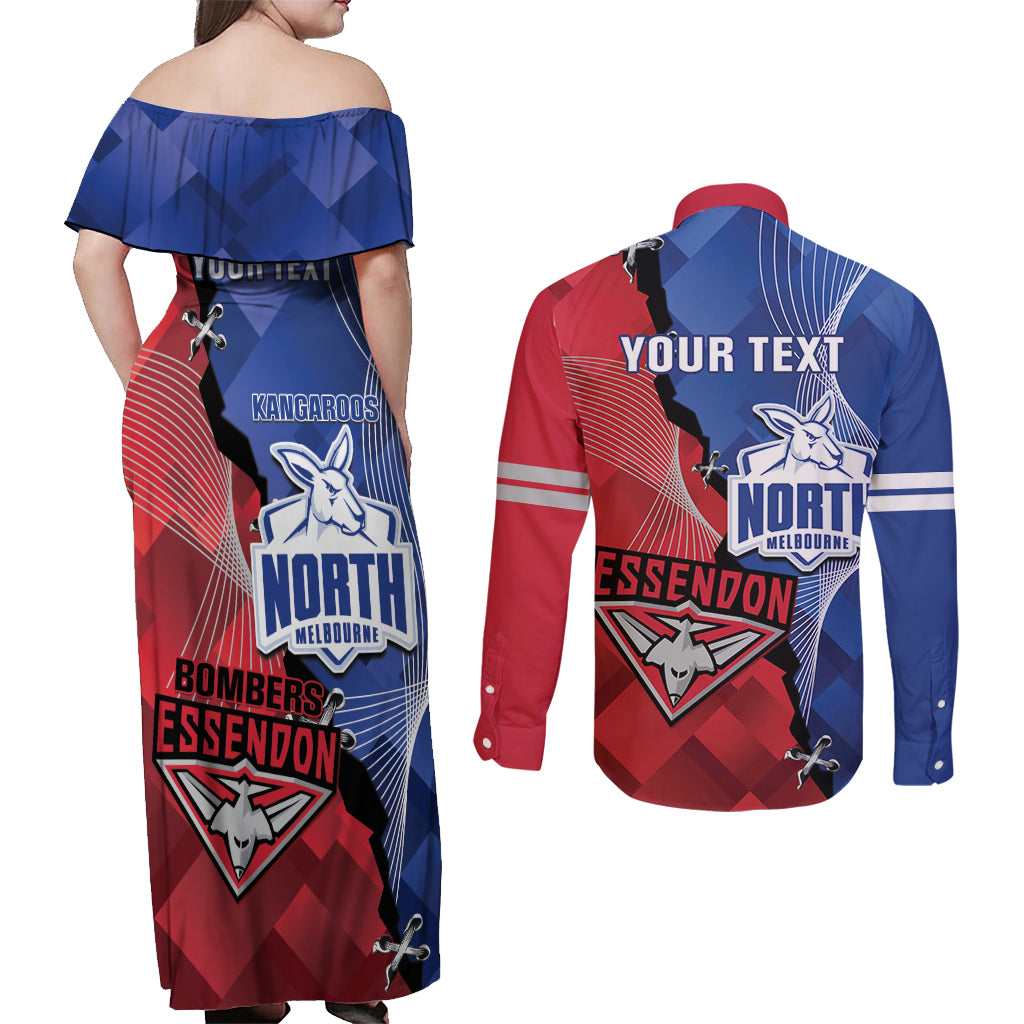Personalised Kangaroos And Bombers Football Couples Matching Off Shoulder Maxi Dress and Long Sleeve Button Shirt Sporty Version