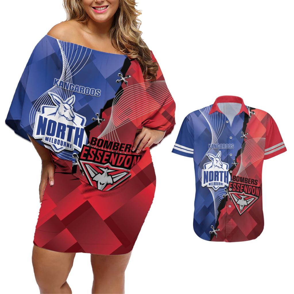 Personalised Kangaroos And Bombers Football Couples Matching Off Shoulder Short Dress and Hawaiian Shirt Sporty Version
