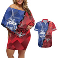 Personalised Kangaroos And Bombers Football Couples Matching Off Shoulder Short Dress and Hawaiian Shirt Sporty Version