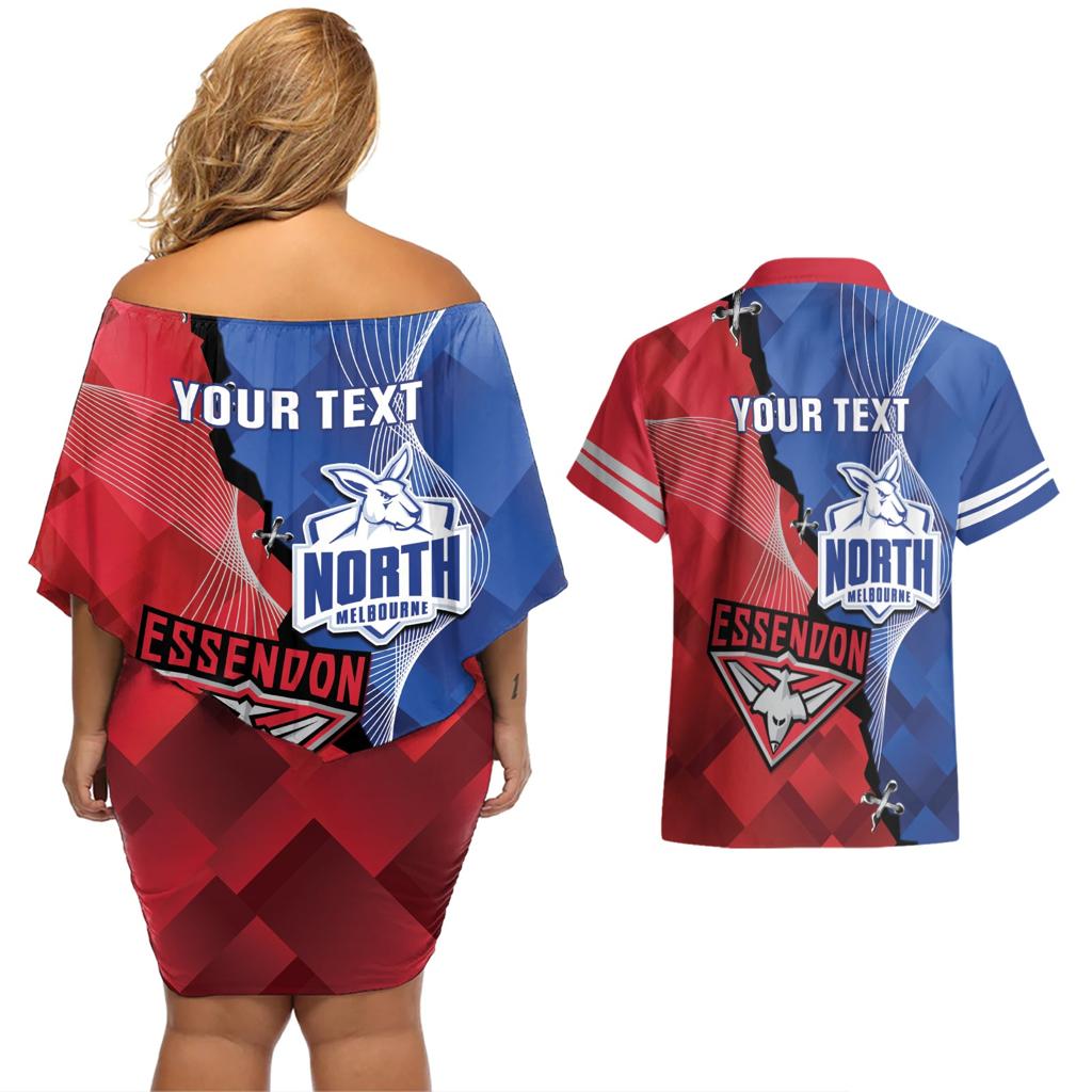 Personalised Kangaroos And Bombers Football Couples Matching Off Shoulder Short Dress and Hawaiian Shirt Sporty Version