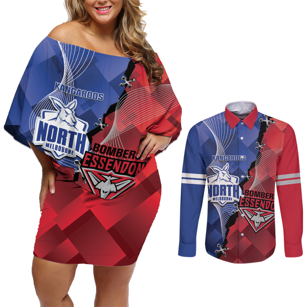 Personalised Kangaroos And Bombers Football Couples Matching Off Shoulder Short Dress and Long Sleeve Button Shirt Sporty Version