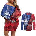 Personalised Kangaroos And Bombers Football Couples Matching Off Shoulder Short Dress and Long Sleeve Button Shirt Sporty Version