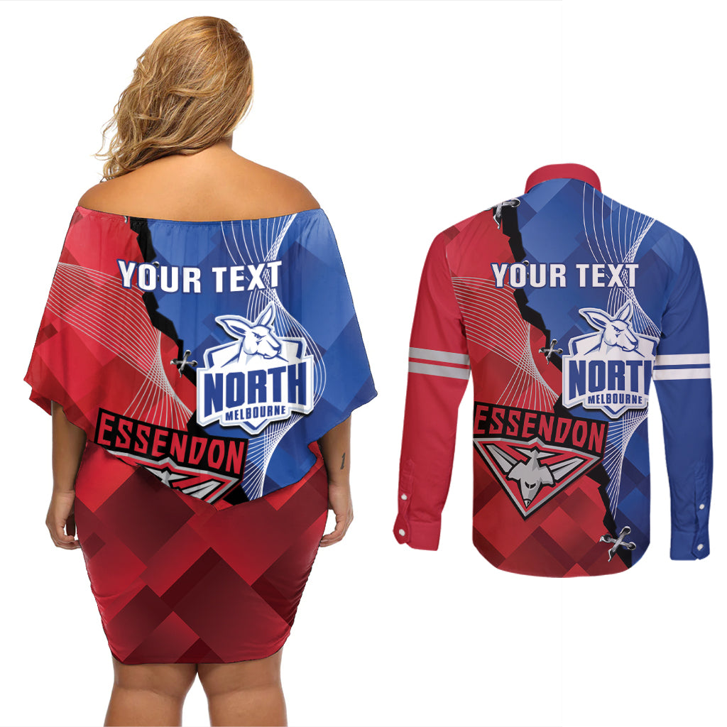 Personalised Kangaroos And Bombers Football Couples Matching Off Shoulder Short Dress and Long Sleeve Button Shirt Sporty Version