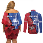 Personalised Kangaroos And Bombers Football Couples Matching Off Shoulder Short Dress and Long Sleeve Button Shirt Sporty Version
