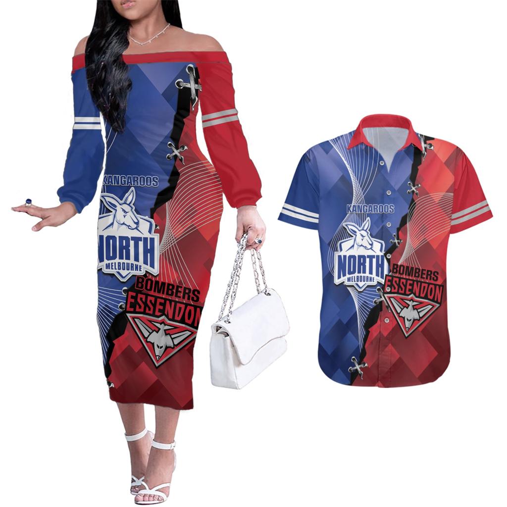 Personalised Kangaroos And Bombers Football Couples Matching Off The Shoulder Long Sleeve Dress and Hawaiian Shirt Sporty Version