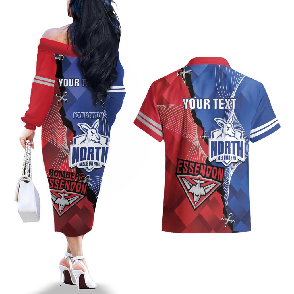 Personalised Kangaroos And Bombers Football Couples Matching Off The Shoulder Long Sleeve Dress and Hawaiian Shirt Sporty Version