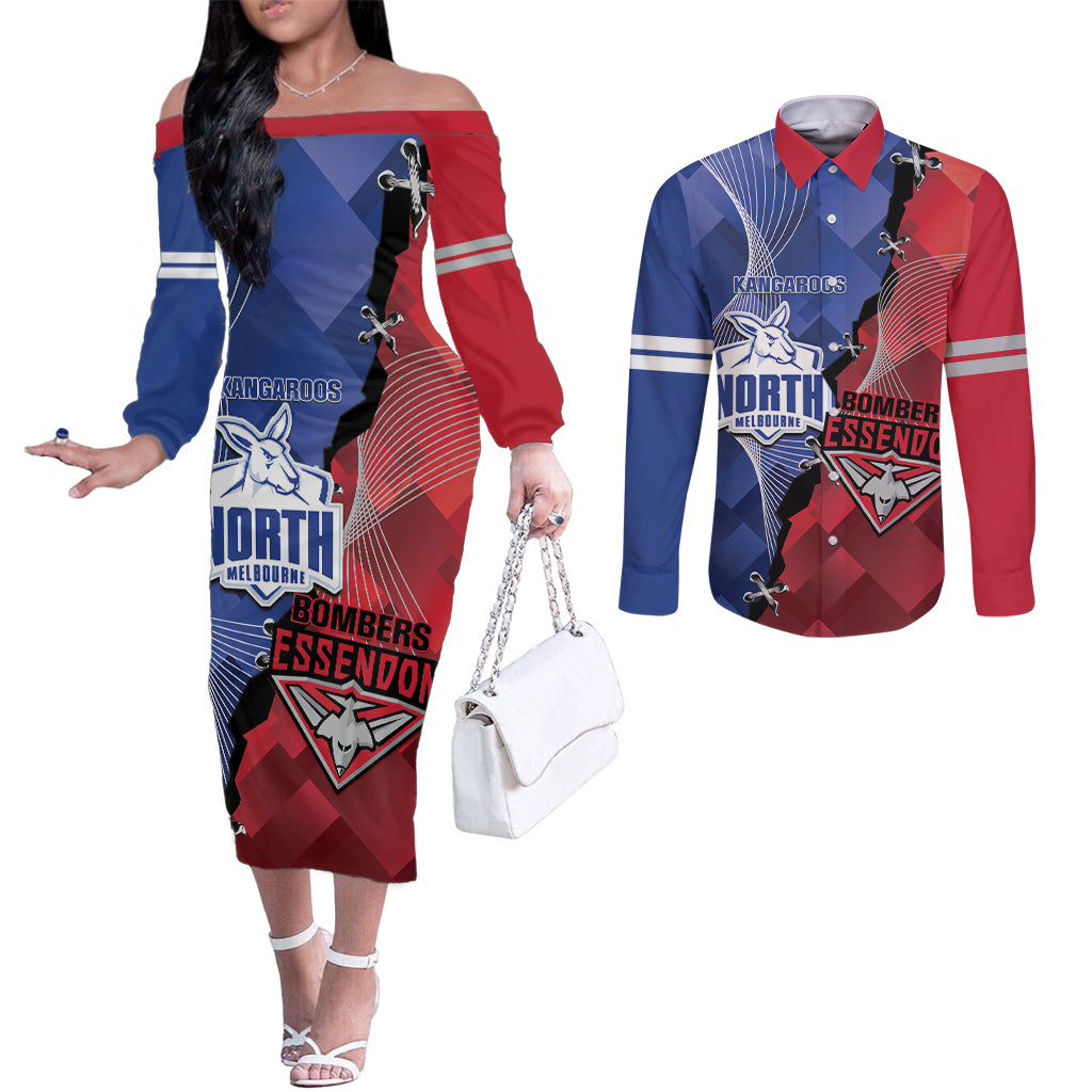 Personalised Kangaroos And Bombers Football Couples Matching Off The Shoulder Long Sleeve Dress and Long Sleeve Button Shirt Sporty Version