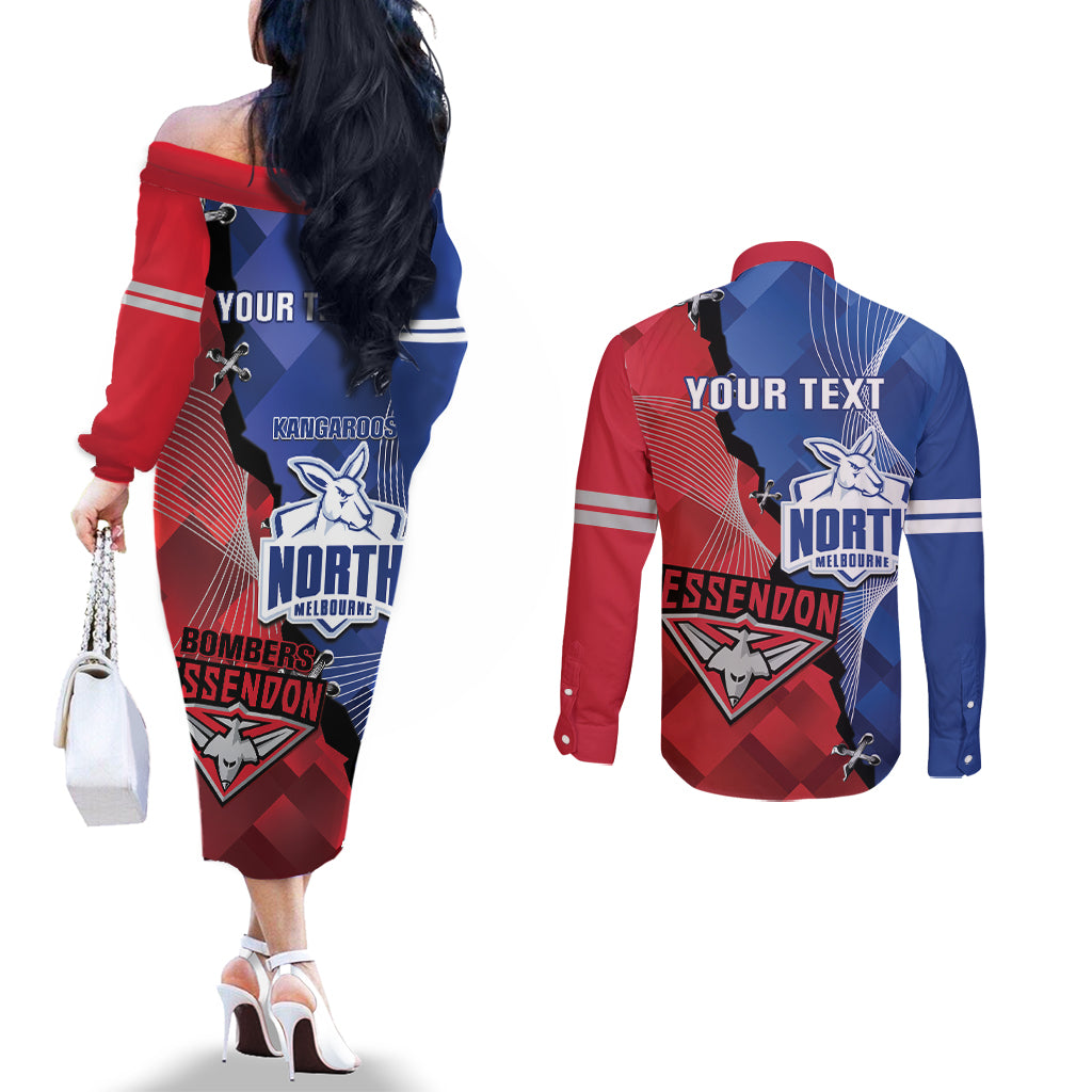 Personalised Kangaroos And Bombers Football Couples Matching Off The Shoulder Long Sleeve Dress and Long Sleeve Button Shirt Sporty Version