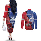 Personalised Kangaroos And Bombers Football Couples Matching Off The Shoulder Long Sleeve Dress and Long Sleeve Button Shirt Sporty Version