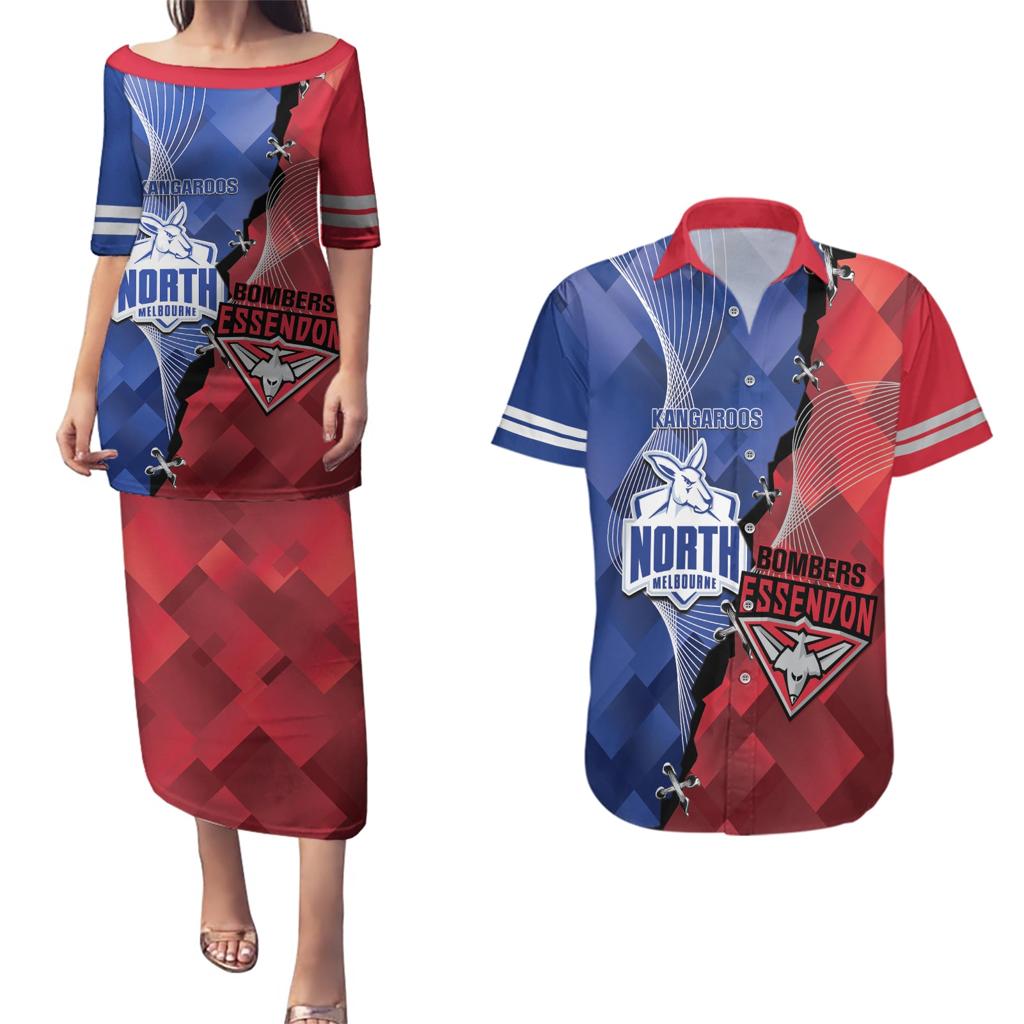 Personalised Kangaroos And Bombers Football Couples Matching Puletasi and Hawaiian Shirt Sporty Version