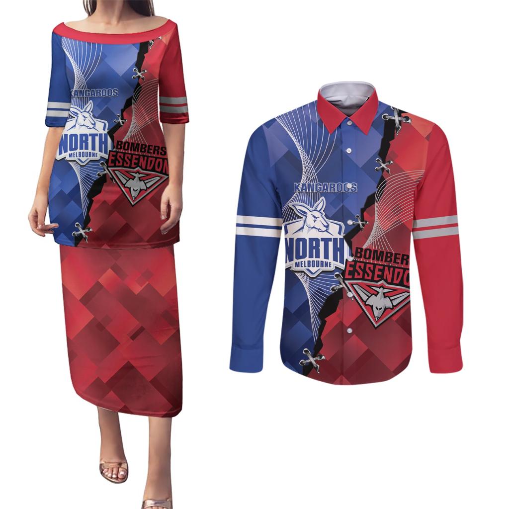 Personalised Kangaroos And Bombers Football Couples Matching Puletasi and Long Sleeve Button Shirt Sporty Version