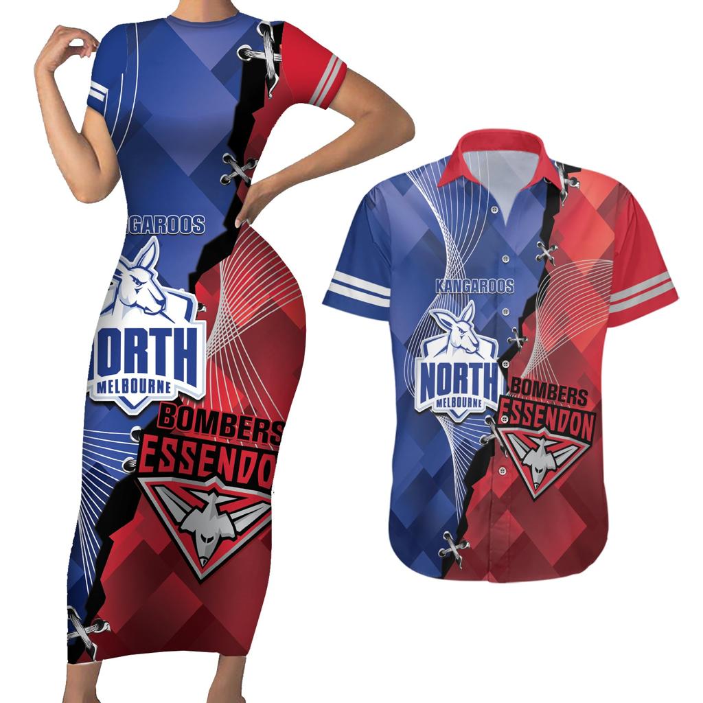 Personalised Kangaroos And Bombers Football Couples Matching Short Sleeve Bodycon Dress and Hawaiian Shirt Sporty Version