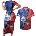 Personalised Kangaroos And Bombers Football Couples Matching Short Sleeve Bodycon Dress and Hawaiian Shirt Sporty Version