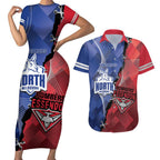 Personalised Kangaroos And Bombers Football Couples Matching Short Sleeve Bodycon Dress and Hawaiian Shirt Sporty Version