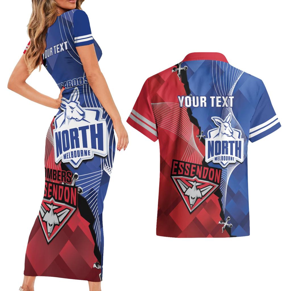 Personalised Kangaroos And Bombers Football Couples Matching Short Sleeve Bodycon Dress and Hawaiian Shirt Sporty Version