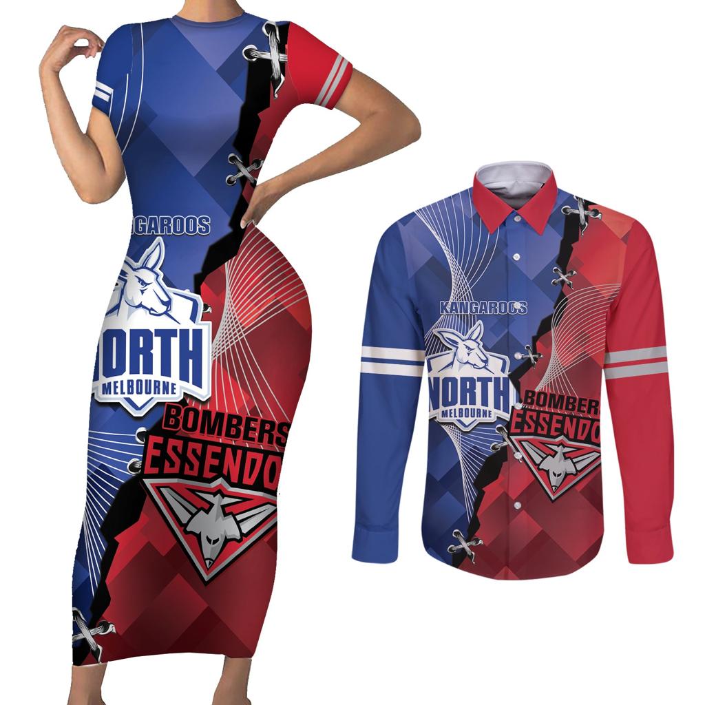 Personalised Kangaroos And Bombers Football Couples Matching Short Sleeve Bodycon Dress and Long Sleeve Button Shirt Sporty Version
