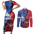 Personalised Kangaroos And Bombers Football Couples Matching Short Sleeve Bodycon Dress and Long Sleeve Button Shirt Sporty Version