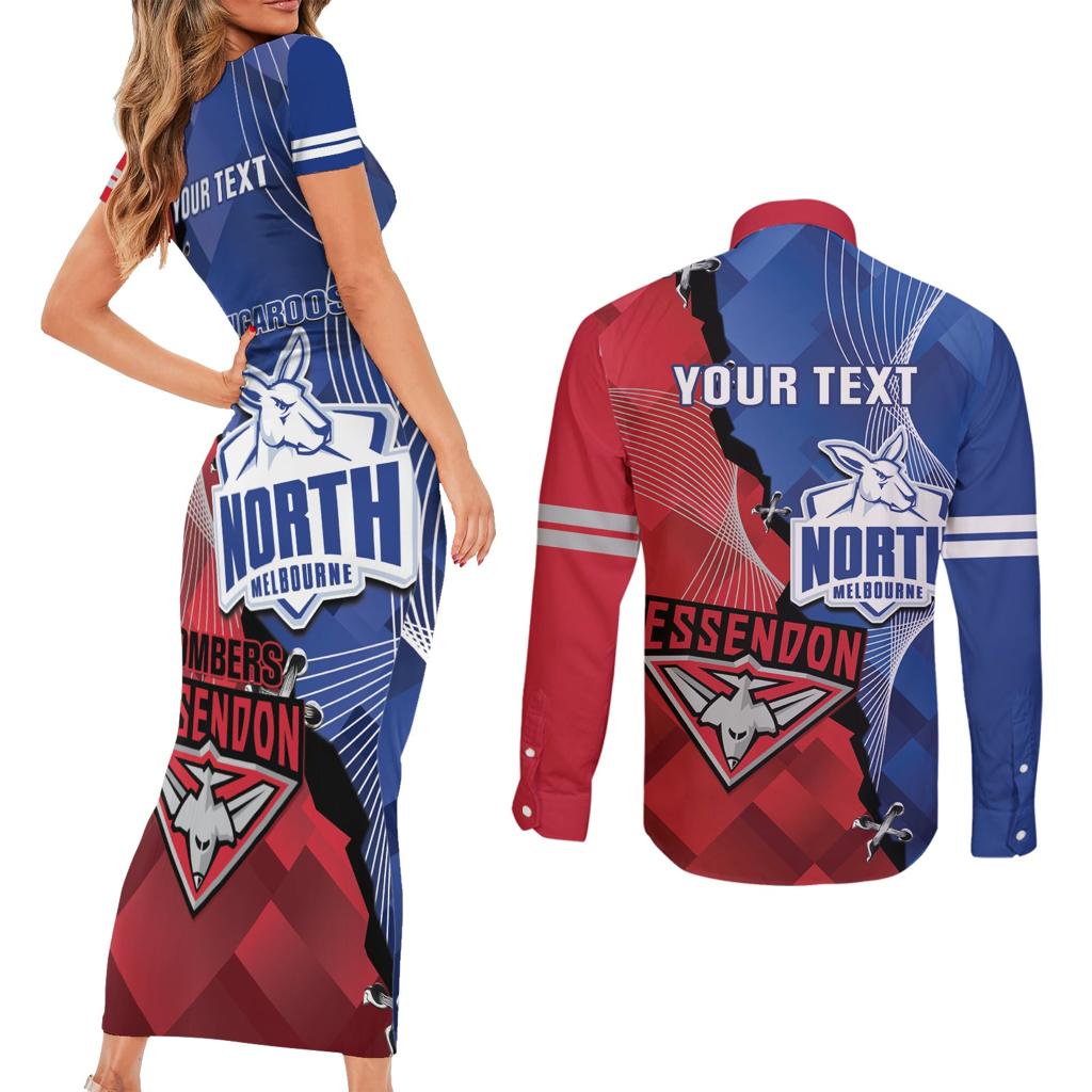 Personalised Kangaroos And Bombers Football Couples Matching Short Sleeve Bodycon Dress and Long Sleeve Button Shirt Sporty Version