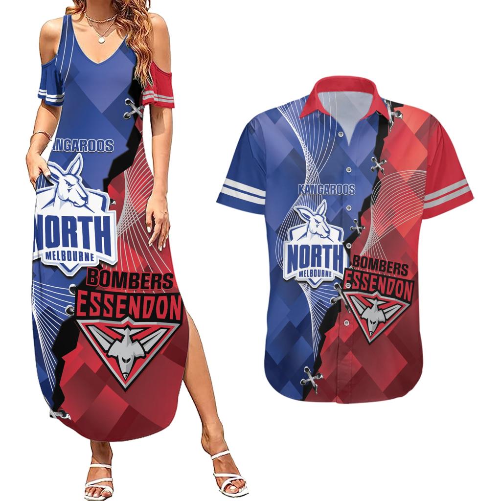 Personalised Kangaroos And Bombers Football Couples Matching Summer Maxi Dress and Hawaiian Shirt Sporty Version