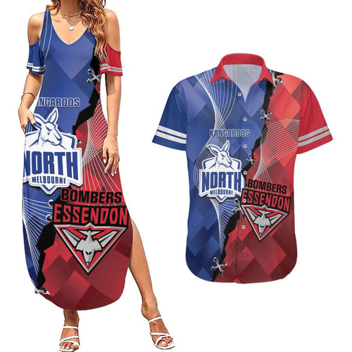 Personalised Kangaroos And Bombers Football Couples Matching Summer Maxi Dress and Hawaiian Shirt Sporty Version