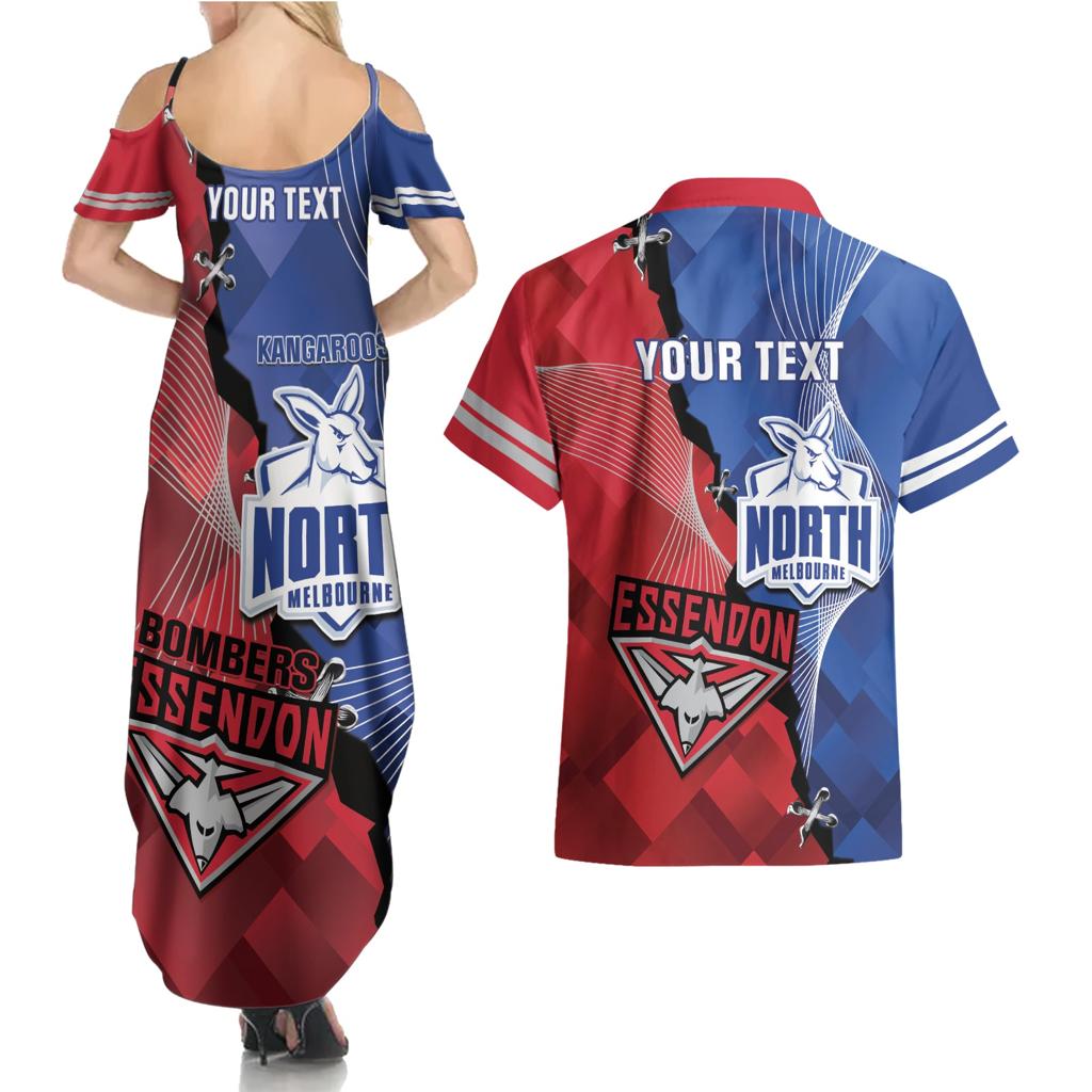 Personalised Kangaroos And Bombers Football Couples Matching Summer Maxi Dress and Hawaiian Shirt Sporty Version